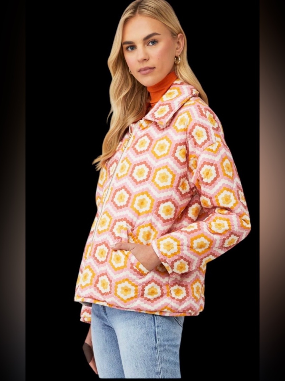 Show Me Your Mumu Powder Puffed Pink Orange Retro Puffer Jacket Sz L